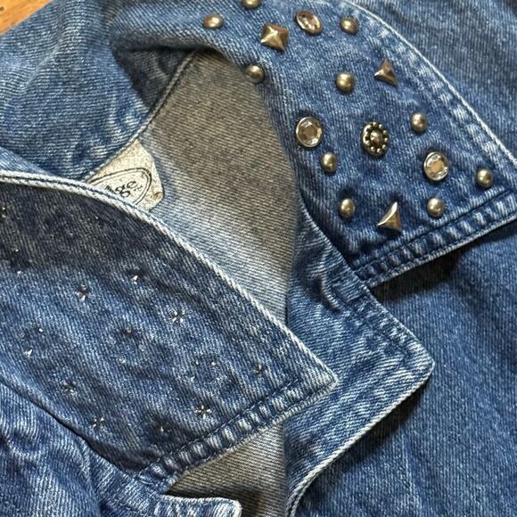 VTG Y2K Metal Studded Bedazzled Rhinestone Crop Blue Denim Jean Vest Size Small - Picture 9 of 11